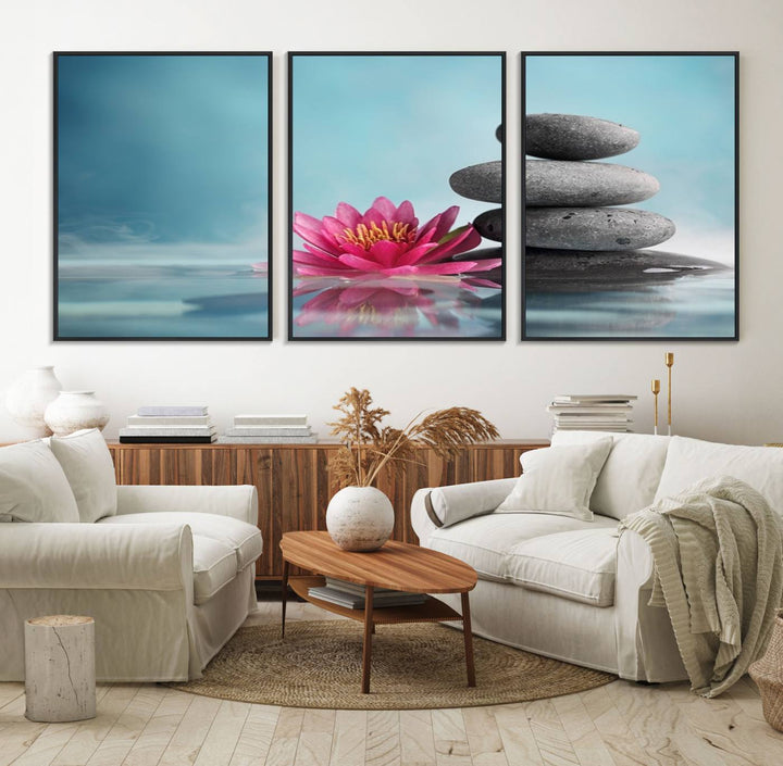 The dining room features a Zen Serenity Triptych wall art, showcasing a calming depiction of lotus flowers and balancing stones.