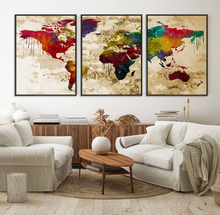 The Rainbow Colored Vintage World Map Canvas Print decorates the room.