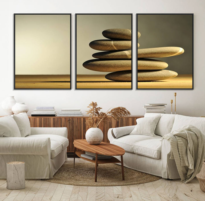 The Yellow Zen Stones on Yellow Background Wall Art is a striking feature in this minimalist kitchen.