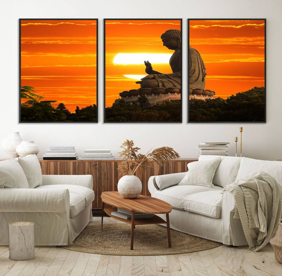 The Buddha Statue at Sunset canvas print adds serenity to the space.