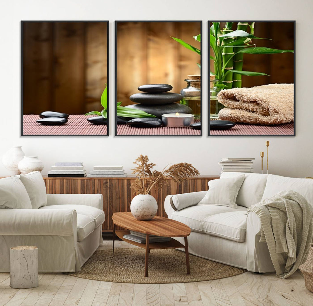 Zen Serenity Triptych Canvas Art: Pink Lotus Flower and Stones, Tranquil Water Lily Print, creating a peaceful spa ambiance.