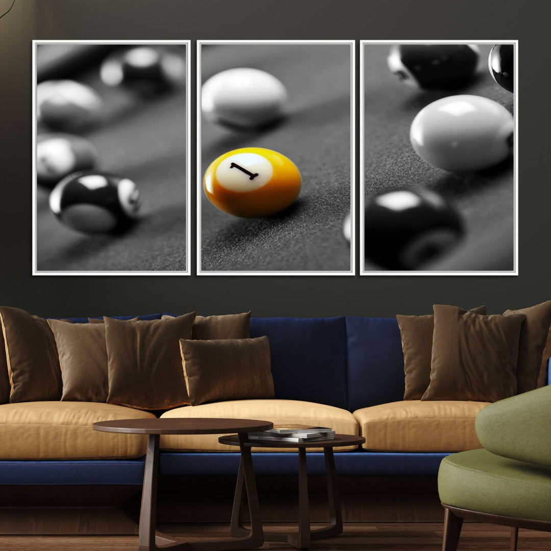 The Black and White Concept Billiard Balls Canvas Print elevates the space with museum-quality charm.