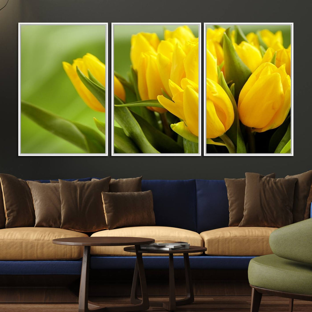 The Wall Art Yellow Tulips Canvas Print on a green background is featured.