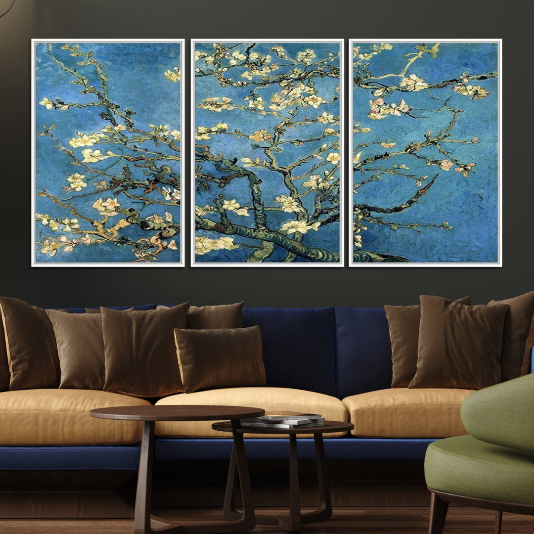 A Van Goghs Almond Blossom canvas print adds a touch of elegance to the wall.