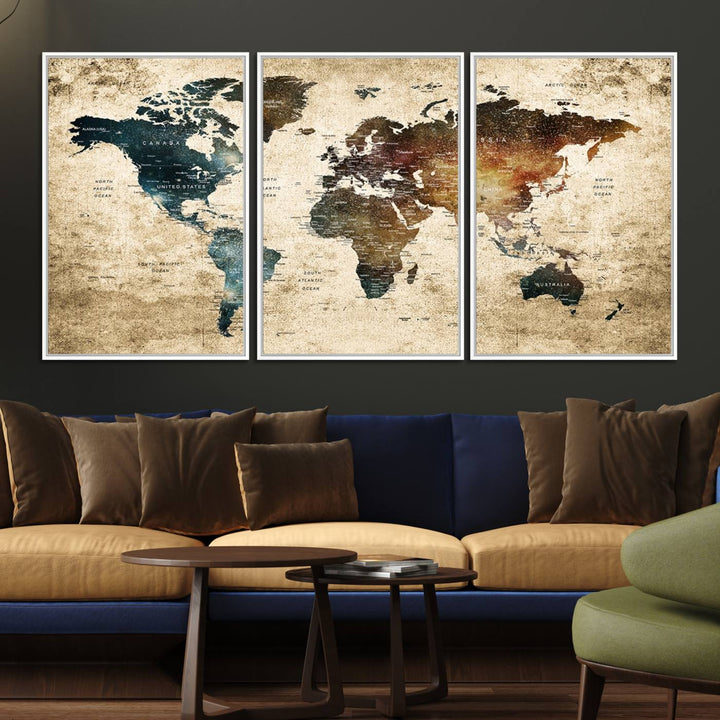 Vintage World Map Canvas Wall Art, perfect for antique-style decor, displayed against a light wood wall.