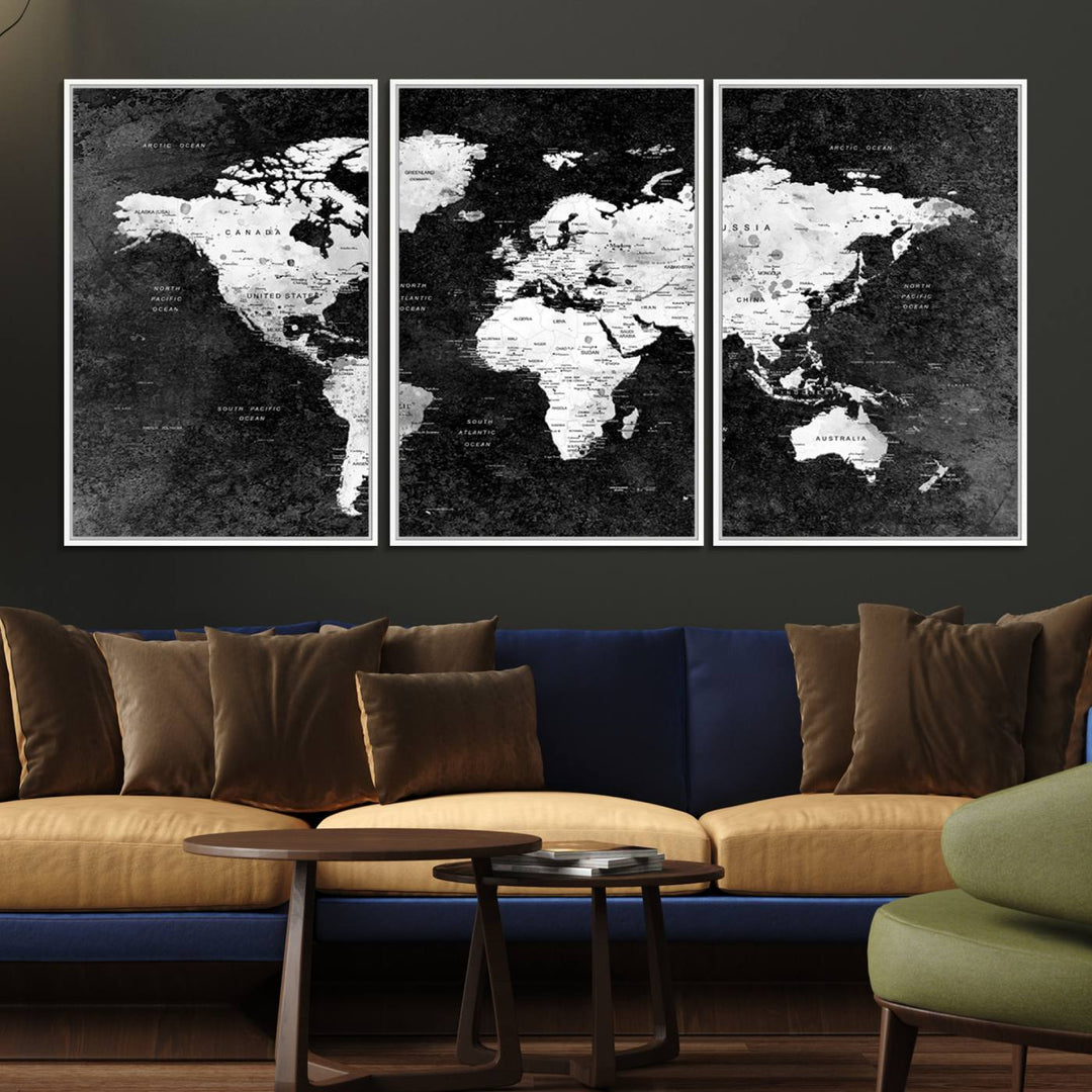 The dining room features a Modern Grayscale World Map 3-Panel Canvas Art as its focal point.