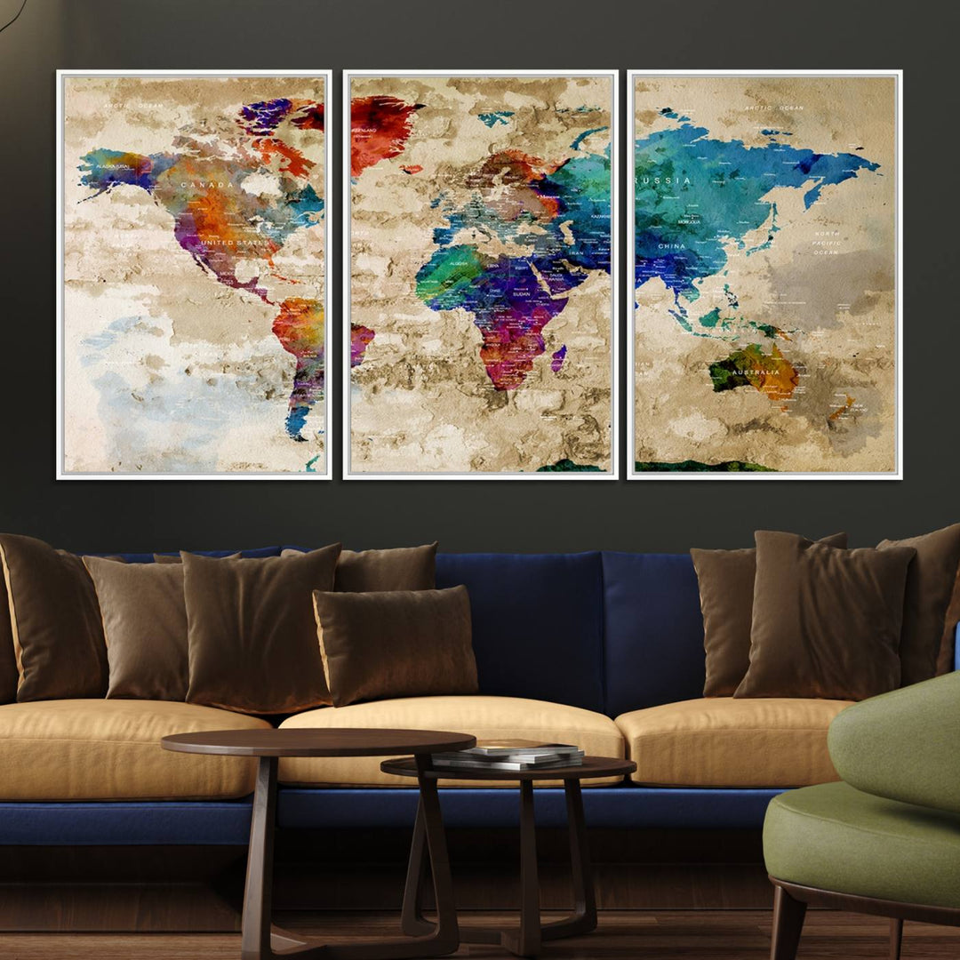 An Abstract Large Watercolor World Map Canvas Print hangs prominently.