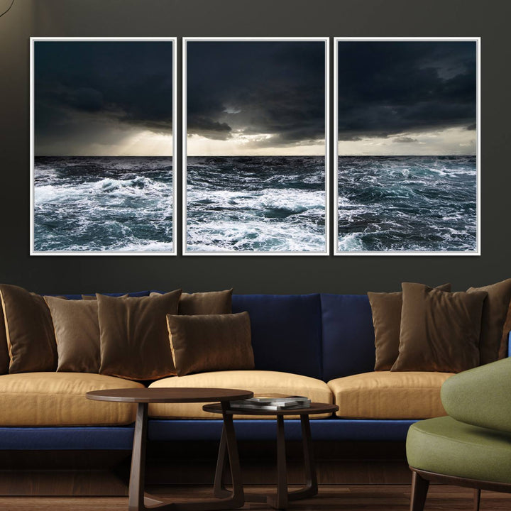 A Dark Clouds Stormy Sea canvas print, ready to hang, enhances the room.