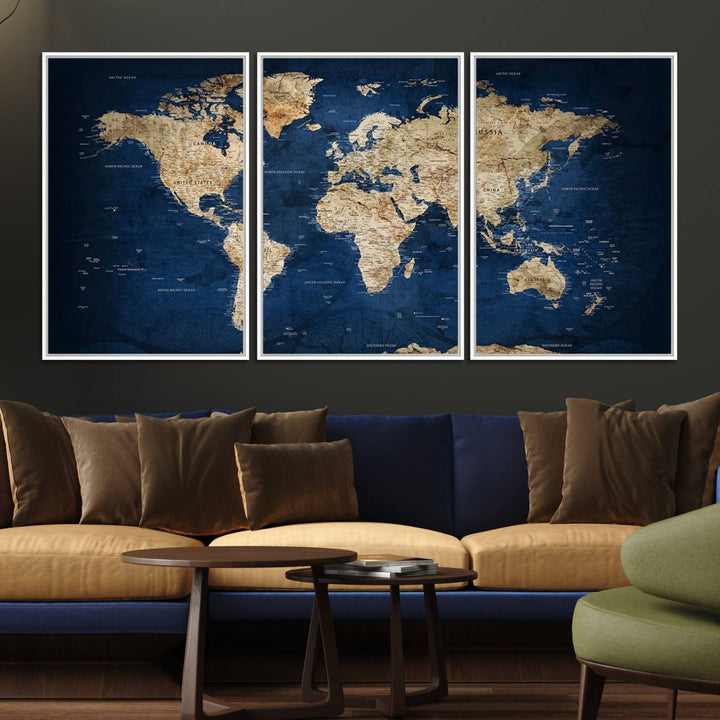 Classic Vintage Blue World Map Canvas Print featuring beige continents against a deep blue background.