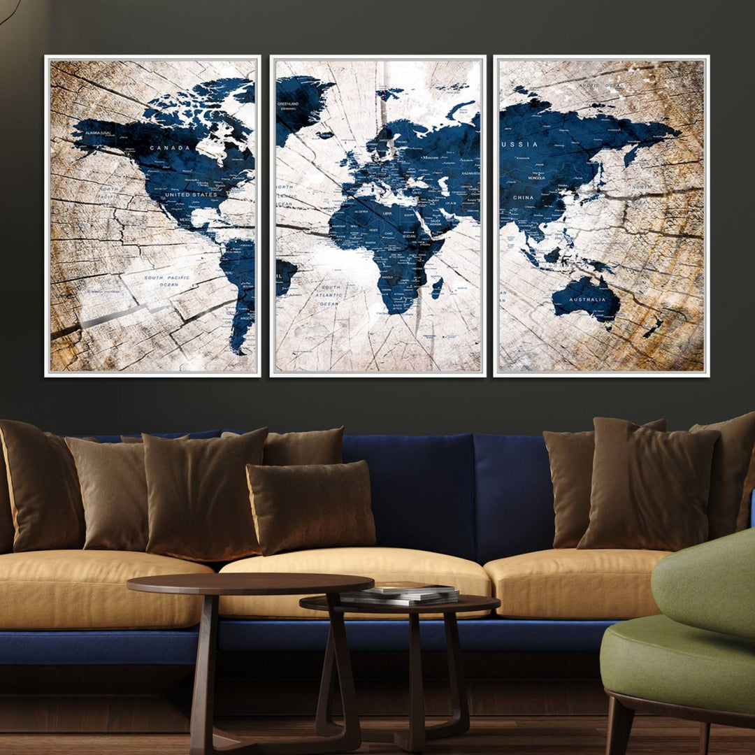 The Vintage World Map on Grunge Background Canvas serves as the focal point of the room.