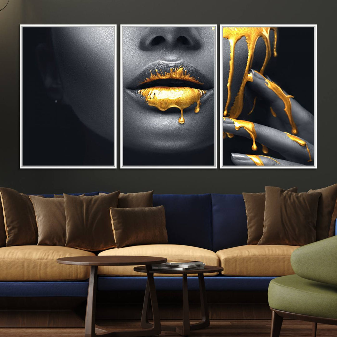 The Gold Lips and Black Woman Makeup Canvas Print features a chic monochrome face design, making it ideal for a modern dining room.