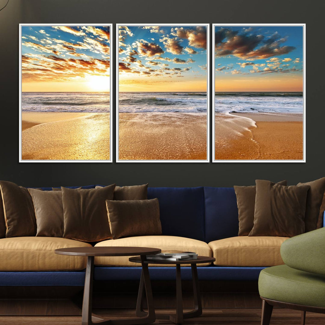 A gallery-wrapped canvas titled Soothing Sunset on Calm Beach is featured.