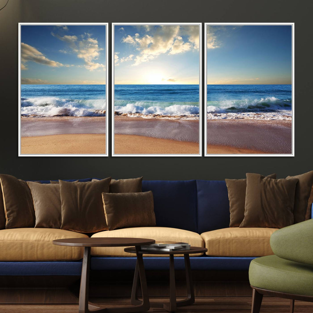 The dining room features a Coastal Tropical Beach Sunset canvas wall art.