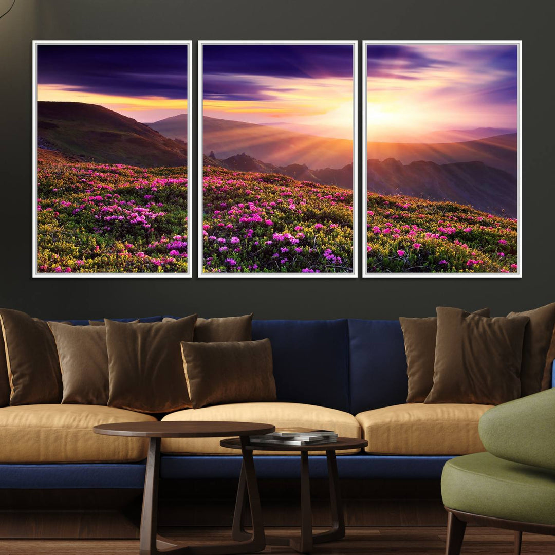 Gallery-wrapped wall art of a stunning mountain sunset and purple flowers.