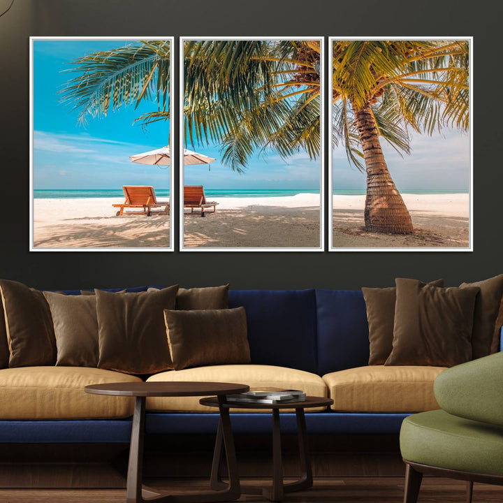 The 3-panel Tropical Beach Wall Art features palm trees and sun loungers, perfect for coastal decor.