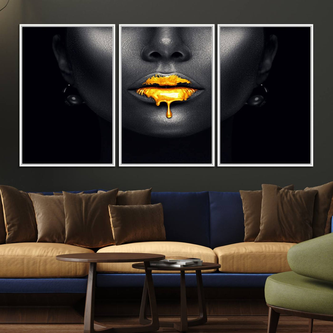 The Honey Gold Lips and Black Woman Photograph canvas print adds a striking touch to the room.