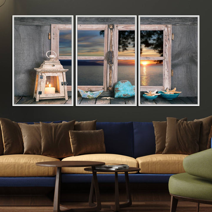 The Astonishing Sunset from the Window canvas print beautifully captures a sea view, accompanied by a lantern and starfish.