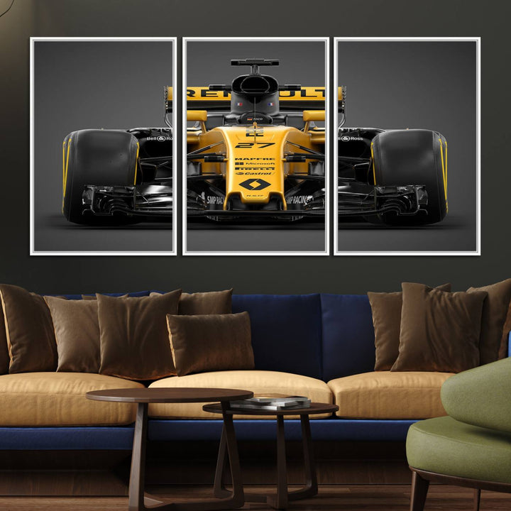 A yellow and black F1 Renault car canvas print with free shipping.