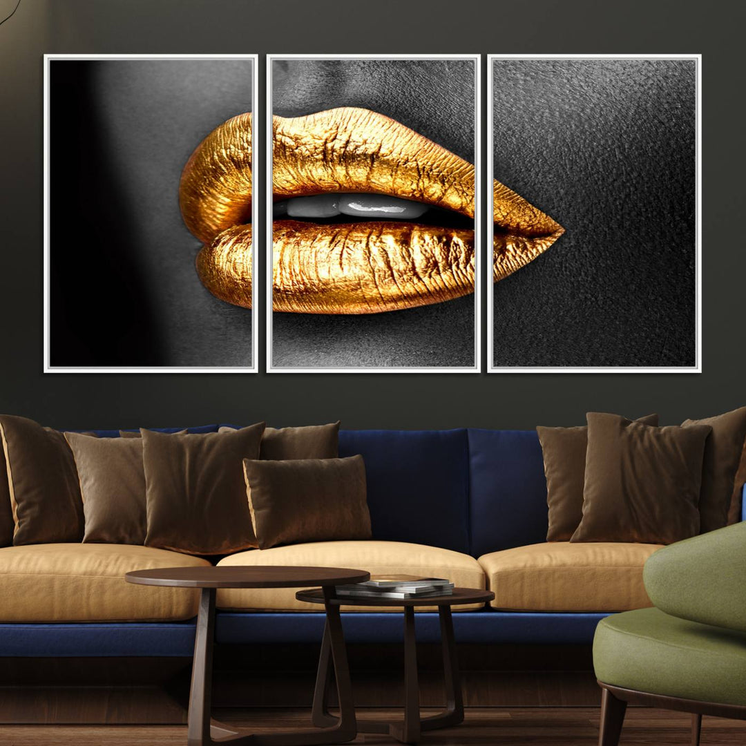 The Gold Lips Canvas Wall Art on a black background is showcased.