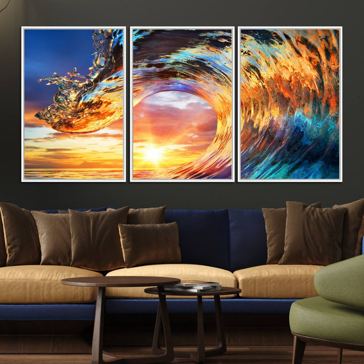 Wave Canvas Wall Art: A multi-panel sunset ocean scene that adds vibrant decor to any space.