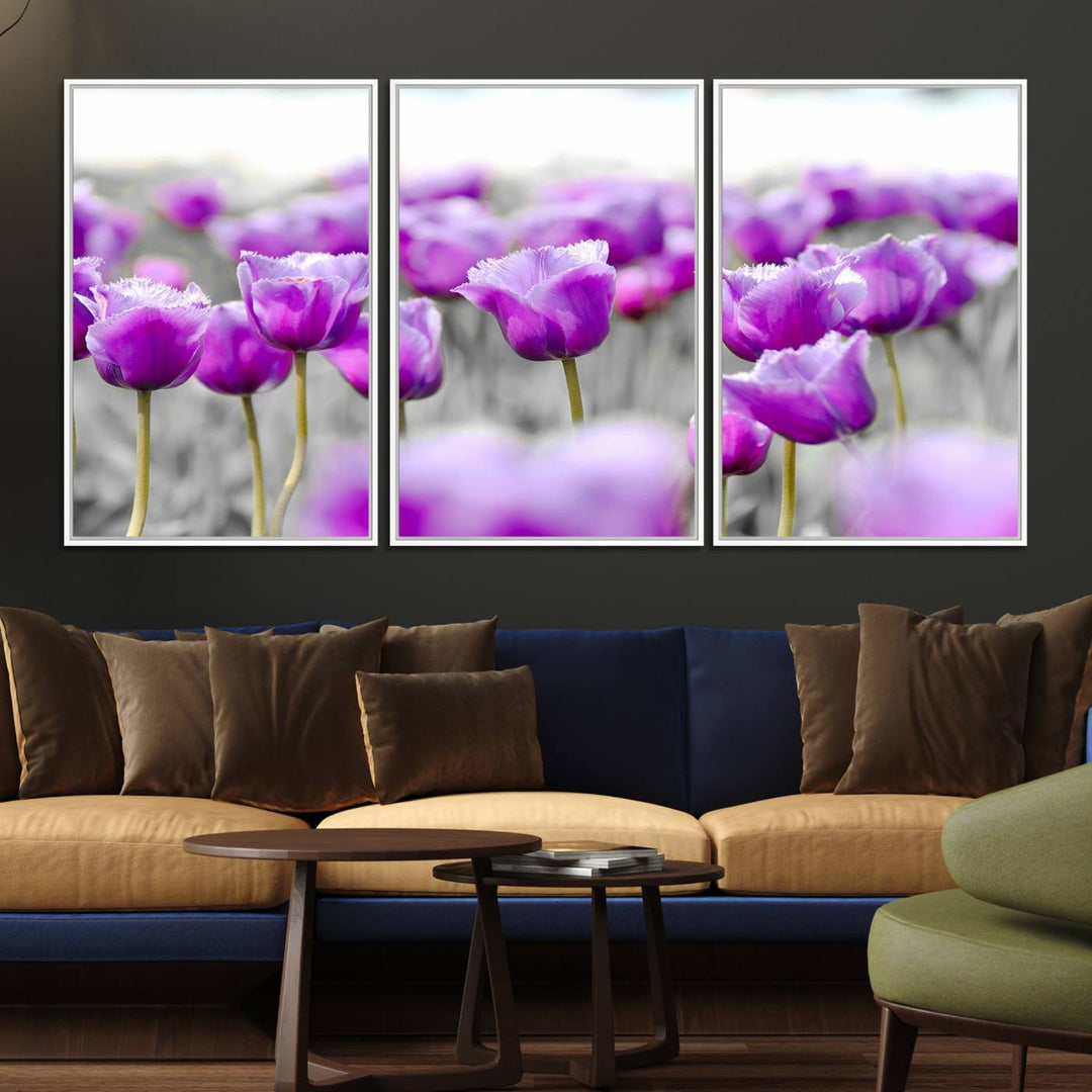 A gallery-wrapped Tulip Fields canvas wall art in a vivid purple hue.