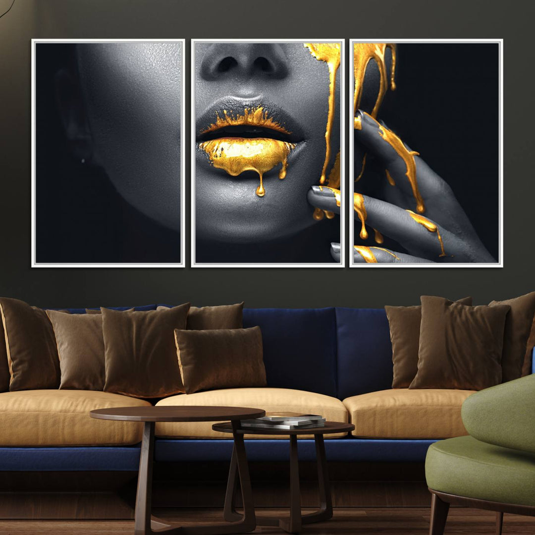 Above the dining area is the Gold Glitter Lips Fashion Makeup canvas wall art.