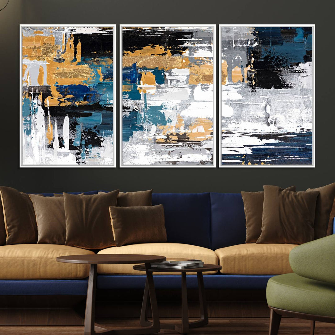 Blue and Gold Abstract Canvas Wall Art hangs prominently.