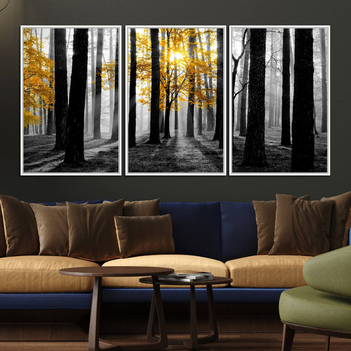 Nature Misty Foggy Autumn Forest Wall Art Print displayed above a modern dining room.