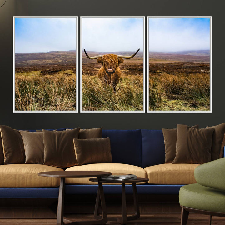 A Scottish Highland Cow art print canvas with UV-protection adorns the wall, preserving vivid details.