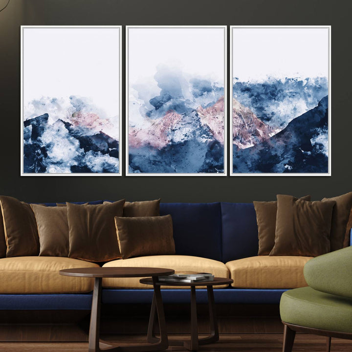 A modern kitchen showcases an Abstract Watercolor Mountain Landscape Art Canvas Print.