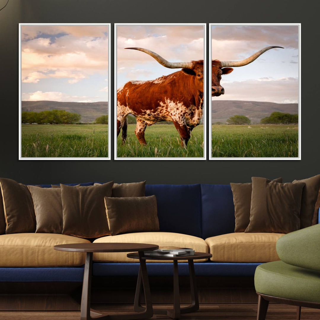 The Texas Cow Canvas Wall Art print captures a longhorn cow at sunset and is ready to hang.