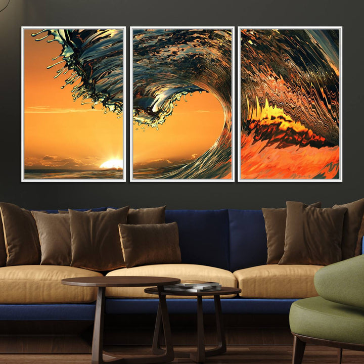 The Ocean Wave With Perfect Sunset canvas wall art adds a striking focal point to the room.