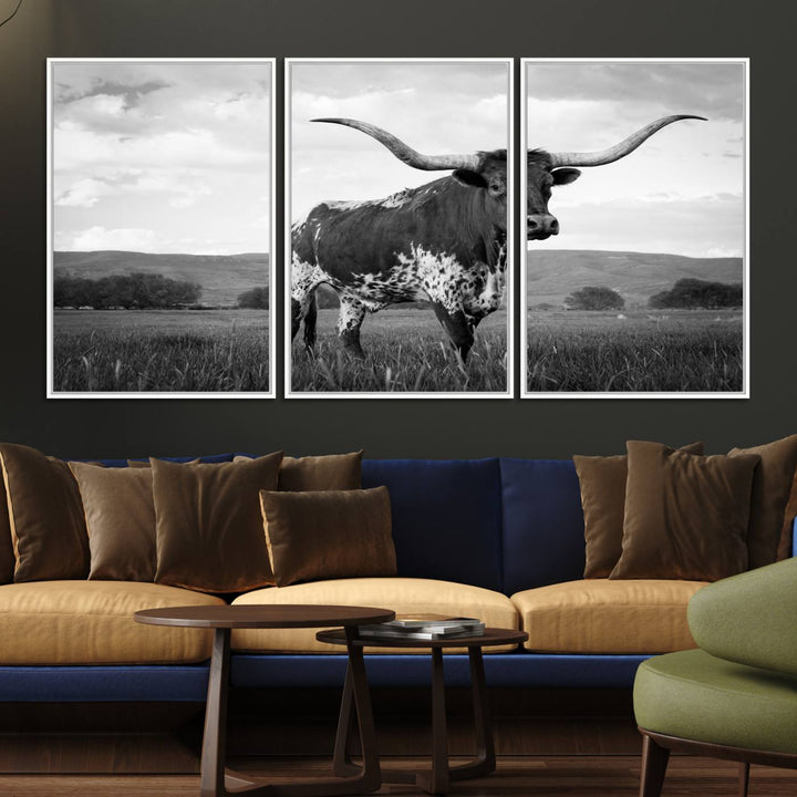 A Black and White Longhorn Texas Cow Canvas Wall Art.