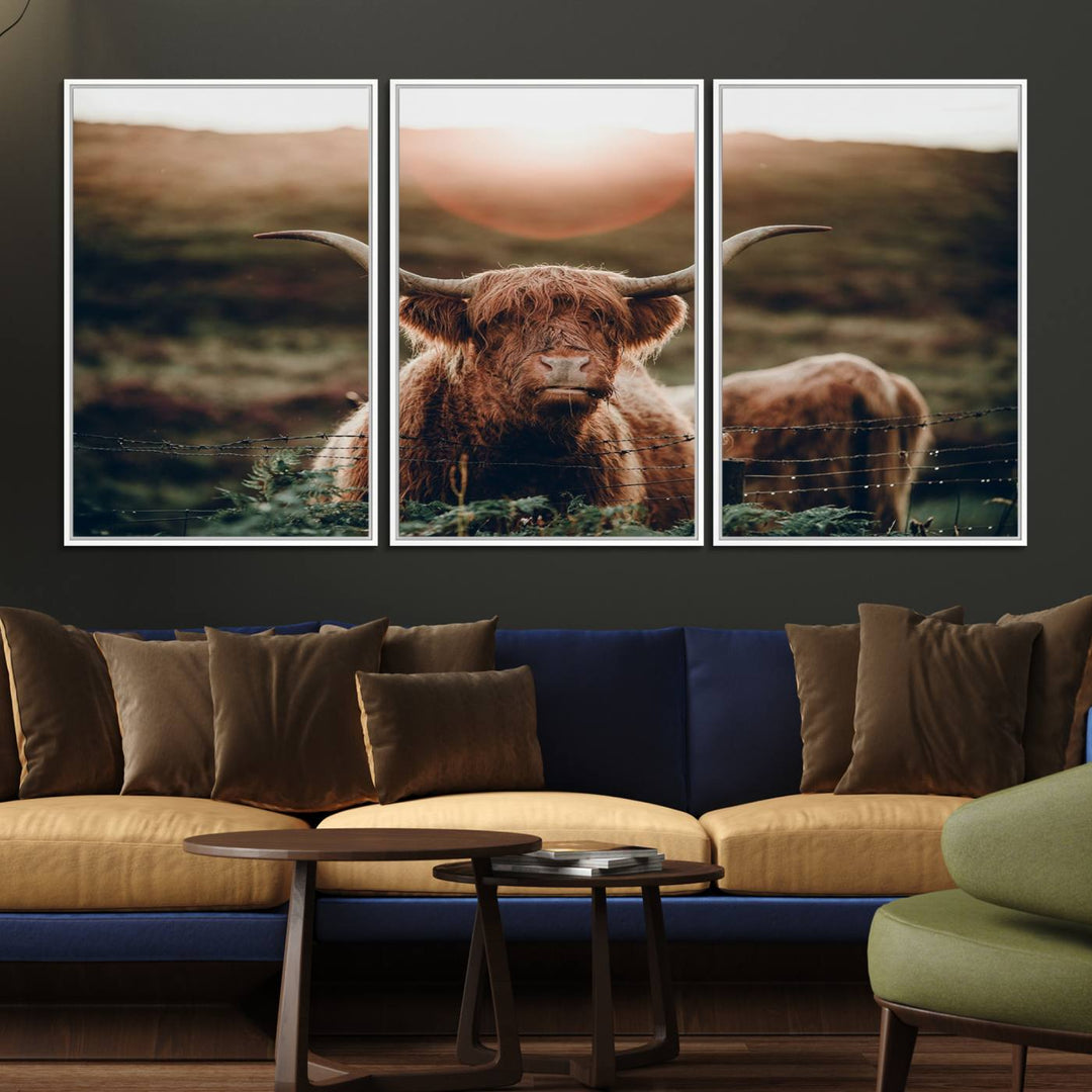 A Highland Cow Animal Canvas Wall Art, featuring a grassy field, is displayed on the wall.