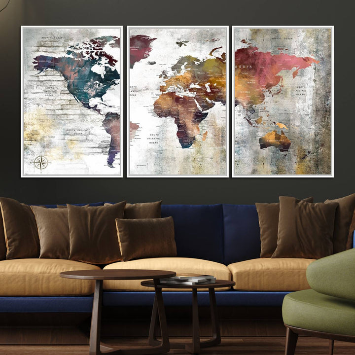 The World Map Wall Art Triptych: a 3-panel canvas featuring a vintage map.