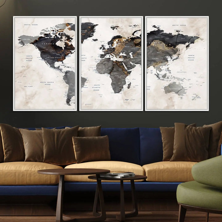 The dining room wall is adorned with the World Map Canvas Print – Earthy Triptych Wall Art, a vintage global map decor featuring dark continents.