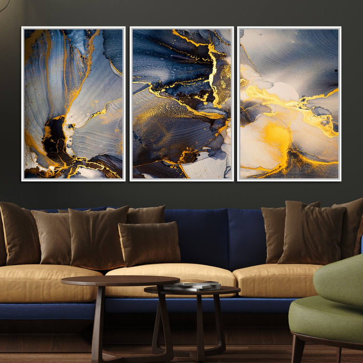 A modern luxury kitchen features a large gold and blue abstract canvas wall art print.