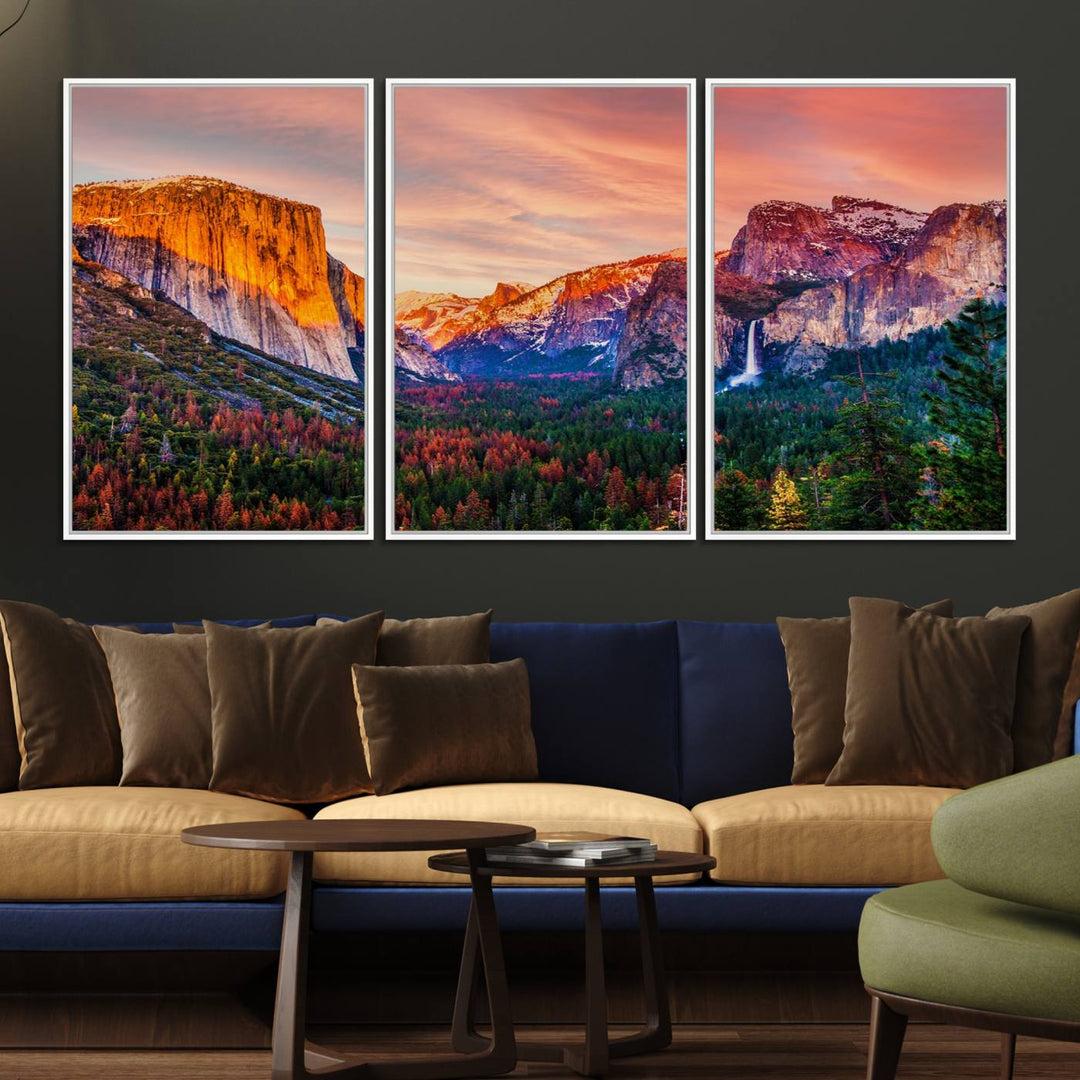 An El Capitan Yosemite Canvas showcasing a sunset over a mountain valley.