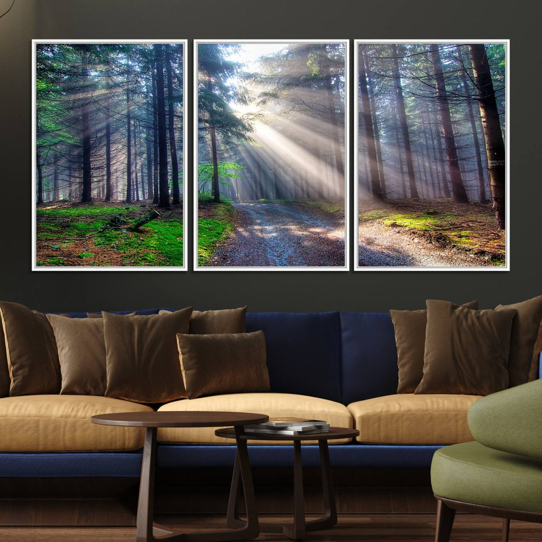 The dining area features a 3-panel Forest Path Canvas showcasing sun rays filtering through a misty forest.