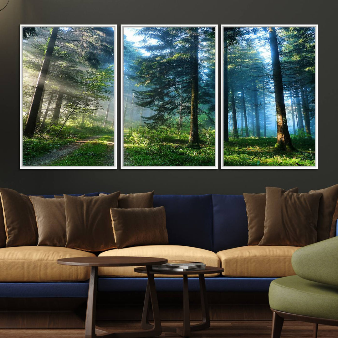 Enhancing the space is the Forest Sun Shine wall art canvas print, showcasing a serene forest scene.