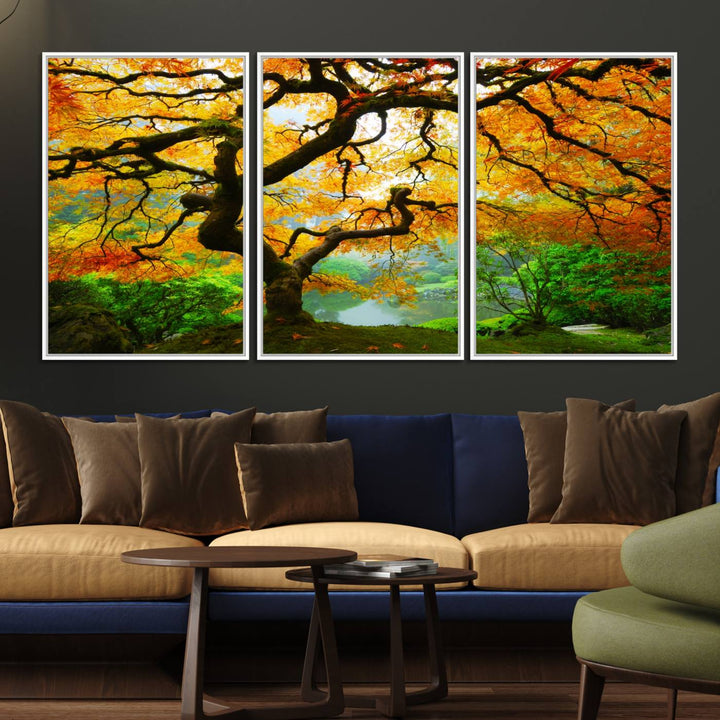 The Portland Japanese Maple Tree Canvas adds elegance to a modern living room.