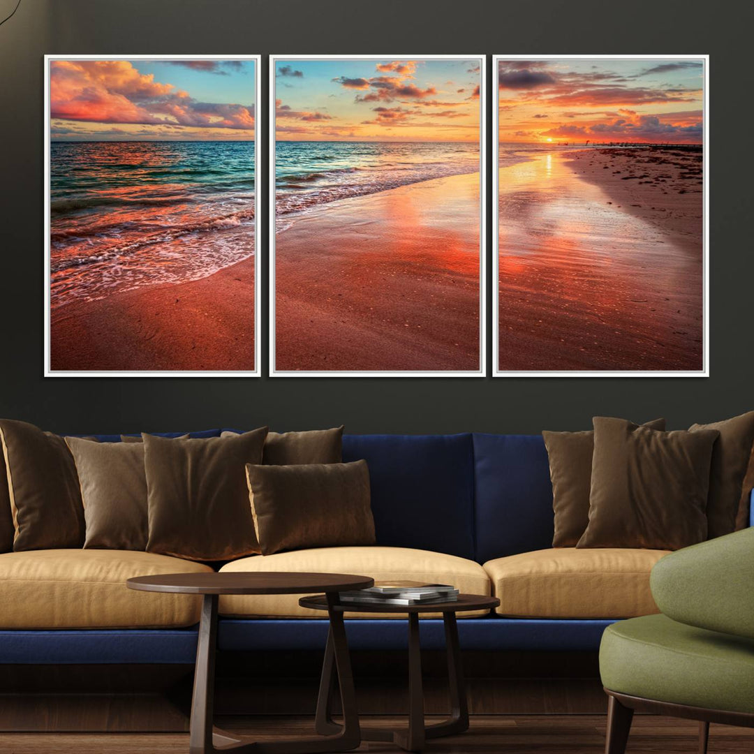 A Vibrant Sunset Beach Canvas Print with ocean waves and sandy shoreline enhances coastal-themed interiors.