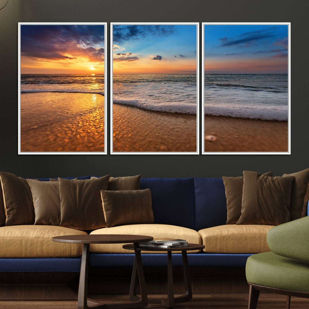 The Golden Sunset Beach Waves Triptych adds a modern coastal touch with its stunning seascape.