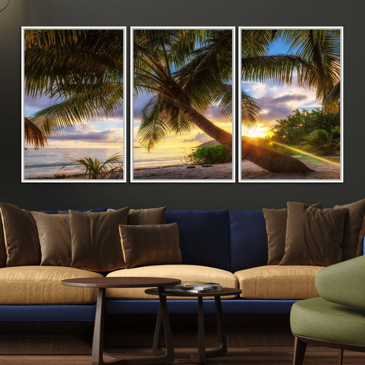 A Coastal Sunset Palm Tree canvas print hangs prominently.