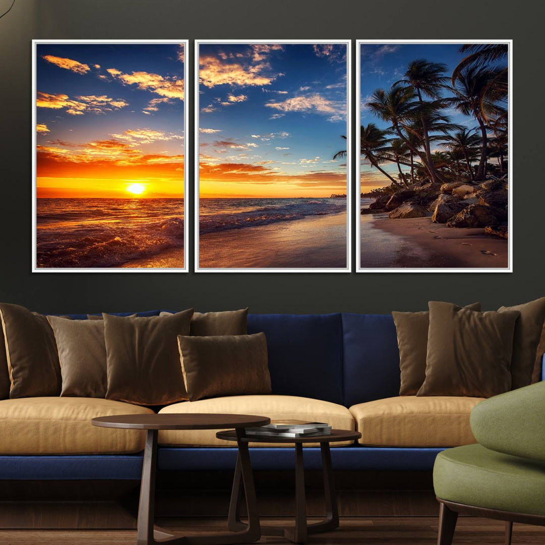 A stunning Tropical Beach Sunset Canvas Art featuring palm trees and ocean waves, created as a Giclee print.