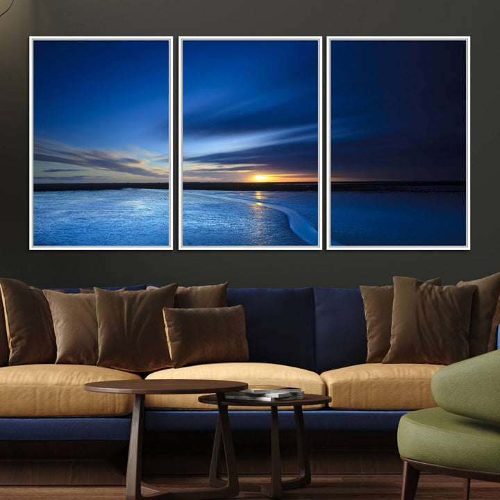 Modern decor: Deep Blue Ocean Sunset Triptych for a serene coastal vibe.