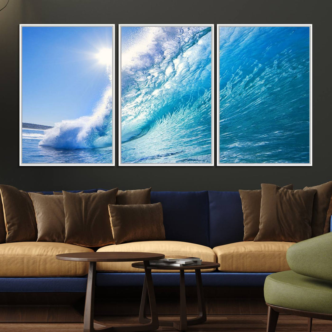 The Blue Big Wave Surfing Ocean Canvas adds a coastal vibe to a wooden wall.