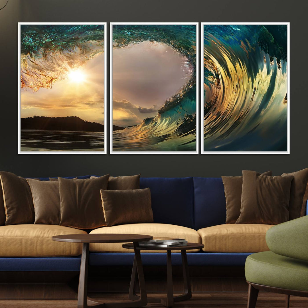 A Golden Wave Sunset Giclee hangs above, showcasing colorful ocean wave art.