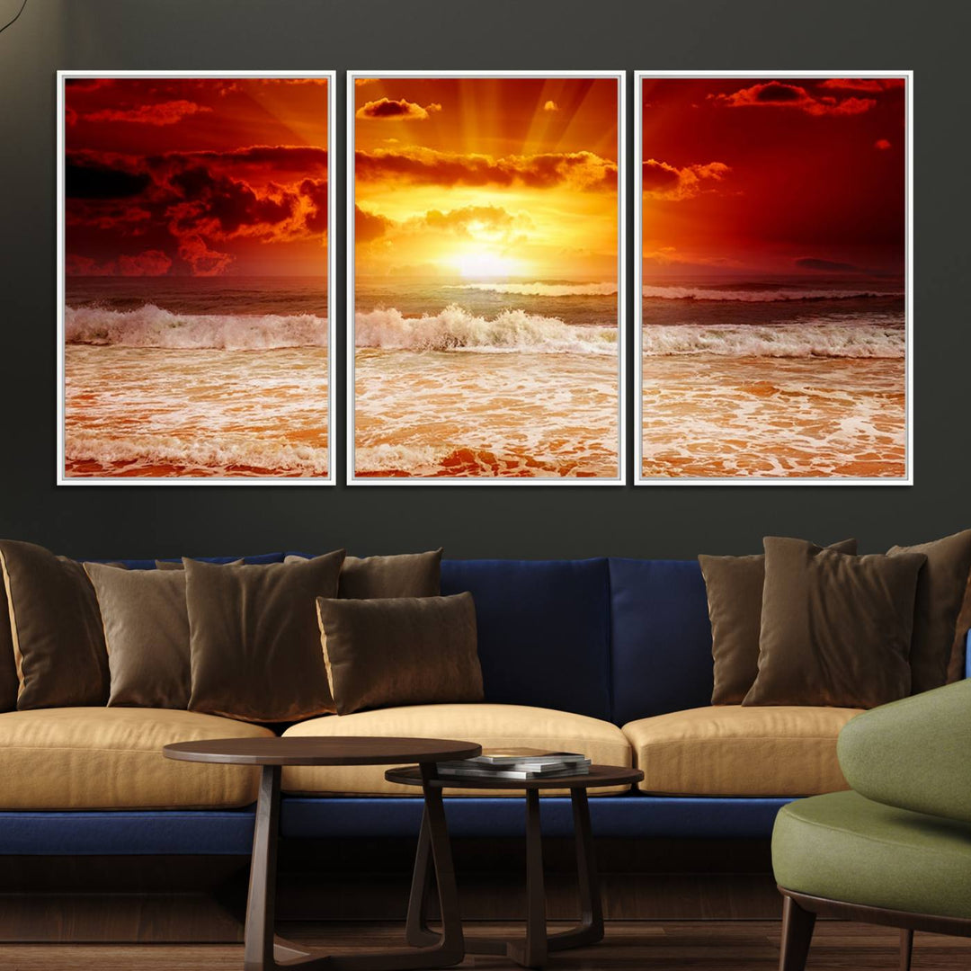 The Red Sunset Ocean Beach Canvas depicts ocean waves.