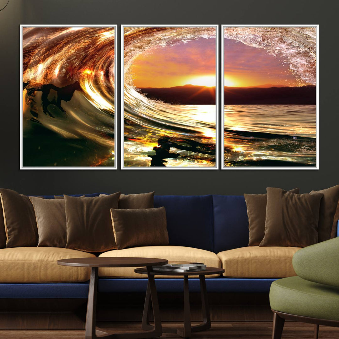 The Golden Wave Sunset Triptych Canvas Art showcases an ocean wave at sunset, casting warm light.